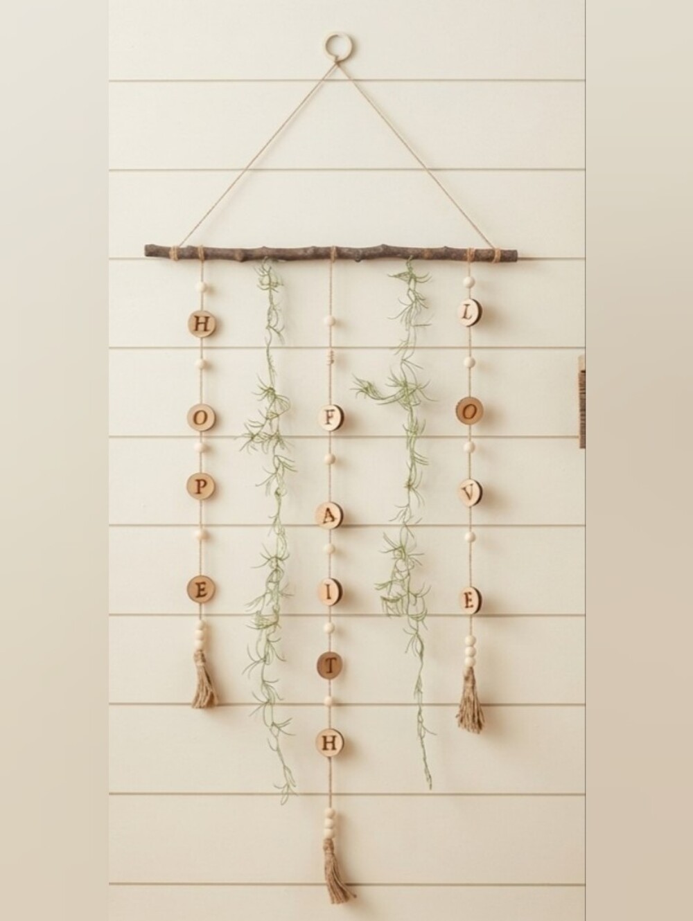 Handcrafted Wooden Boho Wall Hanging - Hope, Faith, Love
